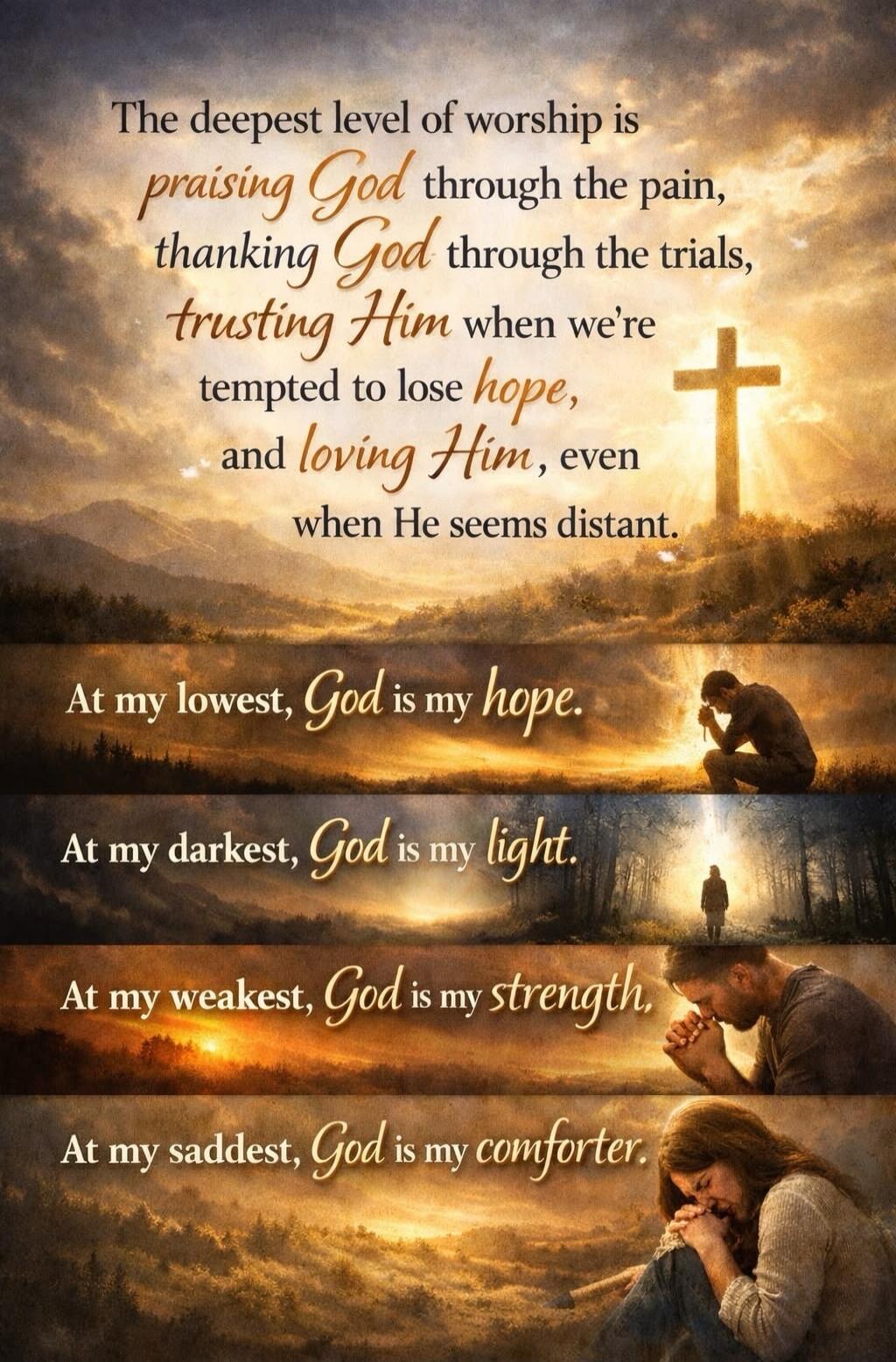 The deepest level of worship is praising God through the pain, thanking God through the trials, trusting Him when we're tempted to lose hope, and loving Him, even when He seems distant. At my lowest, God is my hope. At my darkest, God is my light. At my weakest, God is my strength. At my saddest, God is my comforter.