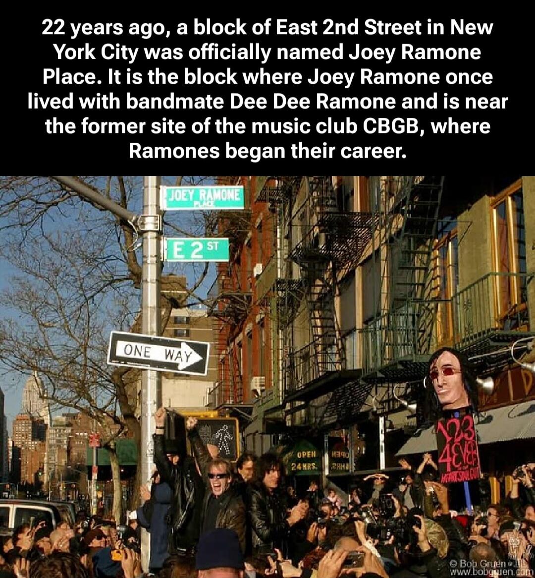 22 years ago, a block of East 2nd Street in New York City was officially named Joey Ramone Place. It is the block where Joey Ramone once lived with bandmate Dee Dee Ramone and is near the former site of the music club C,BGB, where Ramones began their career.

Session ID: 1021756.