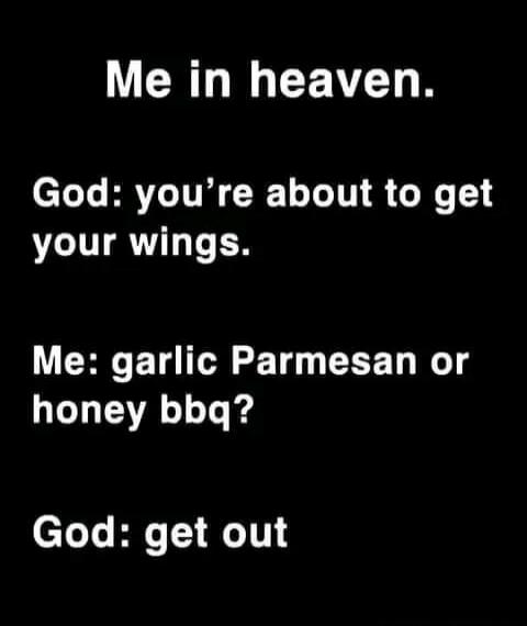Me in heaven. God: you’re about to get your wings. Me: garlic Parmesan or honey bbq? God: get out