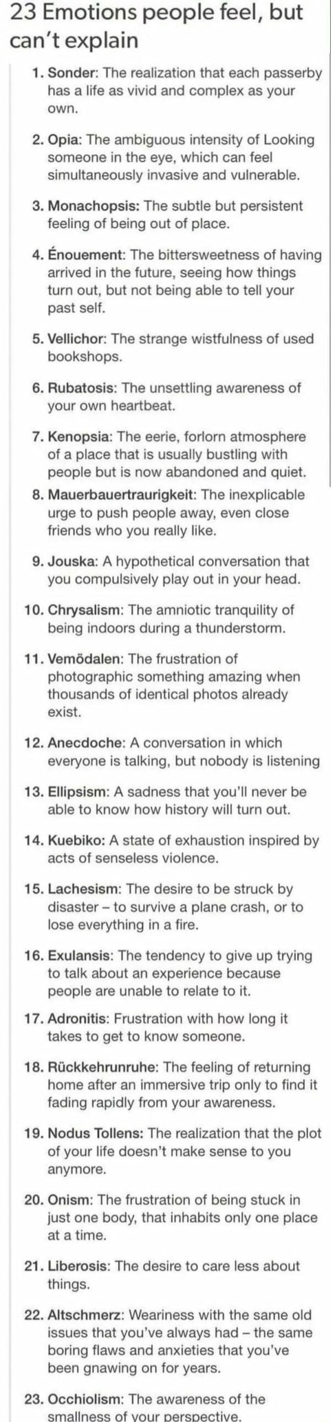 23 Emotions people feel but cant explain 1 Sonder The realization that each passerby has a life as vivid and complex as your own 2 Opia The ambiguous intensity of Looking someone in the eye which can feel simultaneously invasive and vulnerable 3 Monachopsis The subtle but persistent feeling of being out of place 4 Enouement The bittersweetness of having arrived in the future seeing how things turn