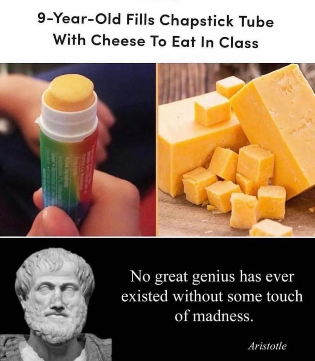 9 Year Old Fills Chapstick Tube With Cheese To Eat In Class No great genius has ever existed without some touch of madness tristotle