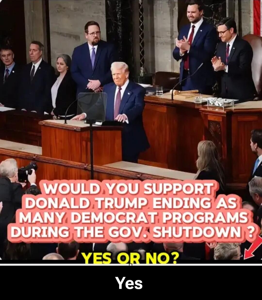 WOULD YOU SUPPORT DONALD TRUMP ENDING AS MANY DEMOCRAT PROGRAMS DURING THE GOV. SHUTDOWN? YES OR NO? Yes