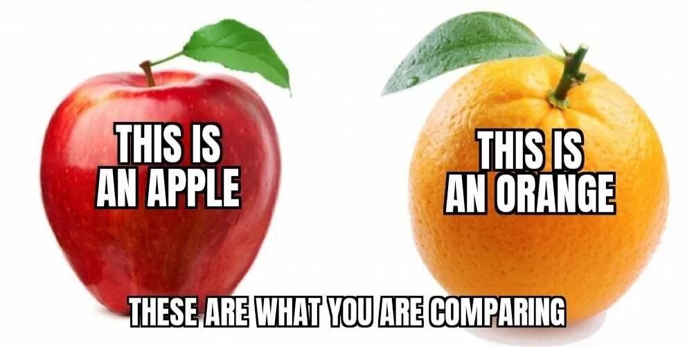 THIS IS AN APPLE
THIS IS AN ORANGE
THESE ARE WHAT YOU ARE COMPARING