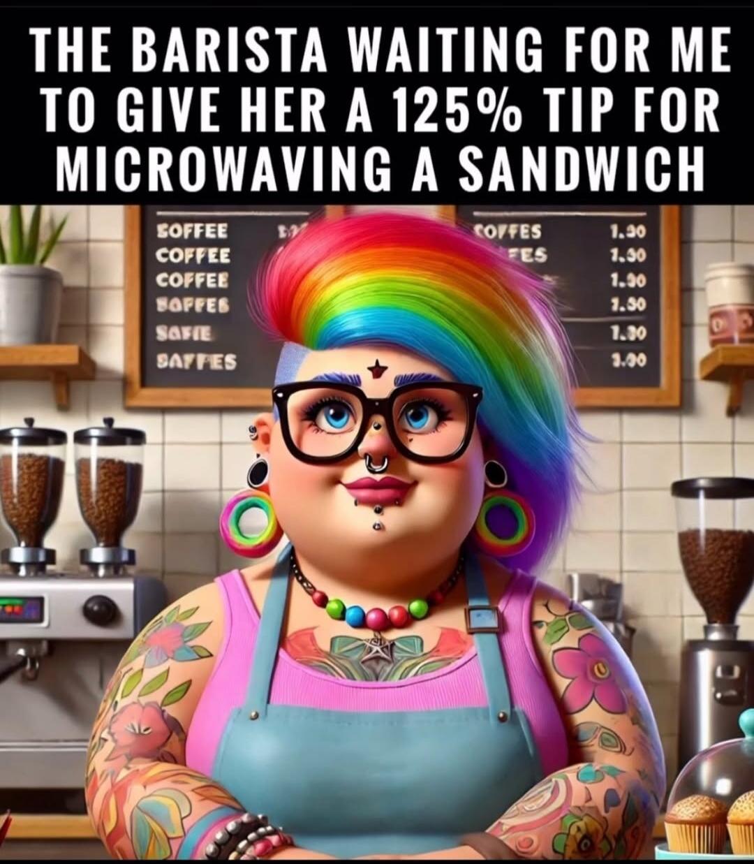 THE BARISTA WAITING FOR ME TO GIVE HER A 125% TIP FOR MICROWAVING A SANDWICH