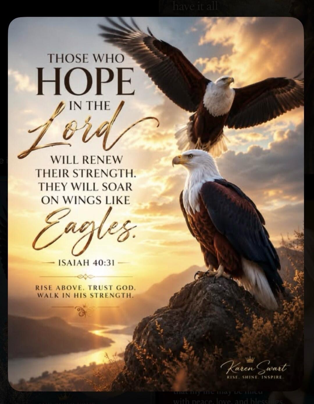 THOSE WHO HOPE IN THE Lord WILL RENEW THEIR STRENGTH. THEY WILL SOAR ON WINGS LIKE Eagles. ISAIAH 40:31. RISE ABOVE. TRUST GOD. WALK IN HIS STRENGTH. Karen Swart. RISE. SHINE. INSPIRE.