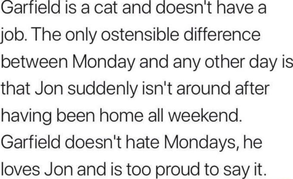 Garfleld Is a cat and doesnt have a job The only ostensible difference between Monday and any other day is that Jon suddenly isnt around after having been home all weekend Garfield doesnt hate Mondays he loves Jon and is too proud to say it