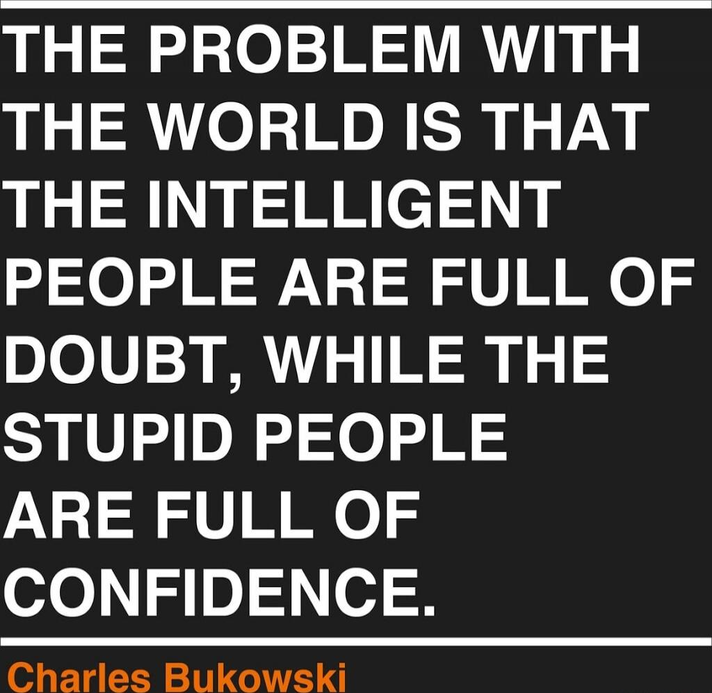 THE PROBLEM WITH THE WORLD IS THAT THE INTELLIGENT PEOPLE ARE FULL OF DOUBT, WHILE THE STUPID PEOPLE ARE FULL OF CONFIDENCE. Charles Bukowski
