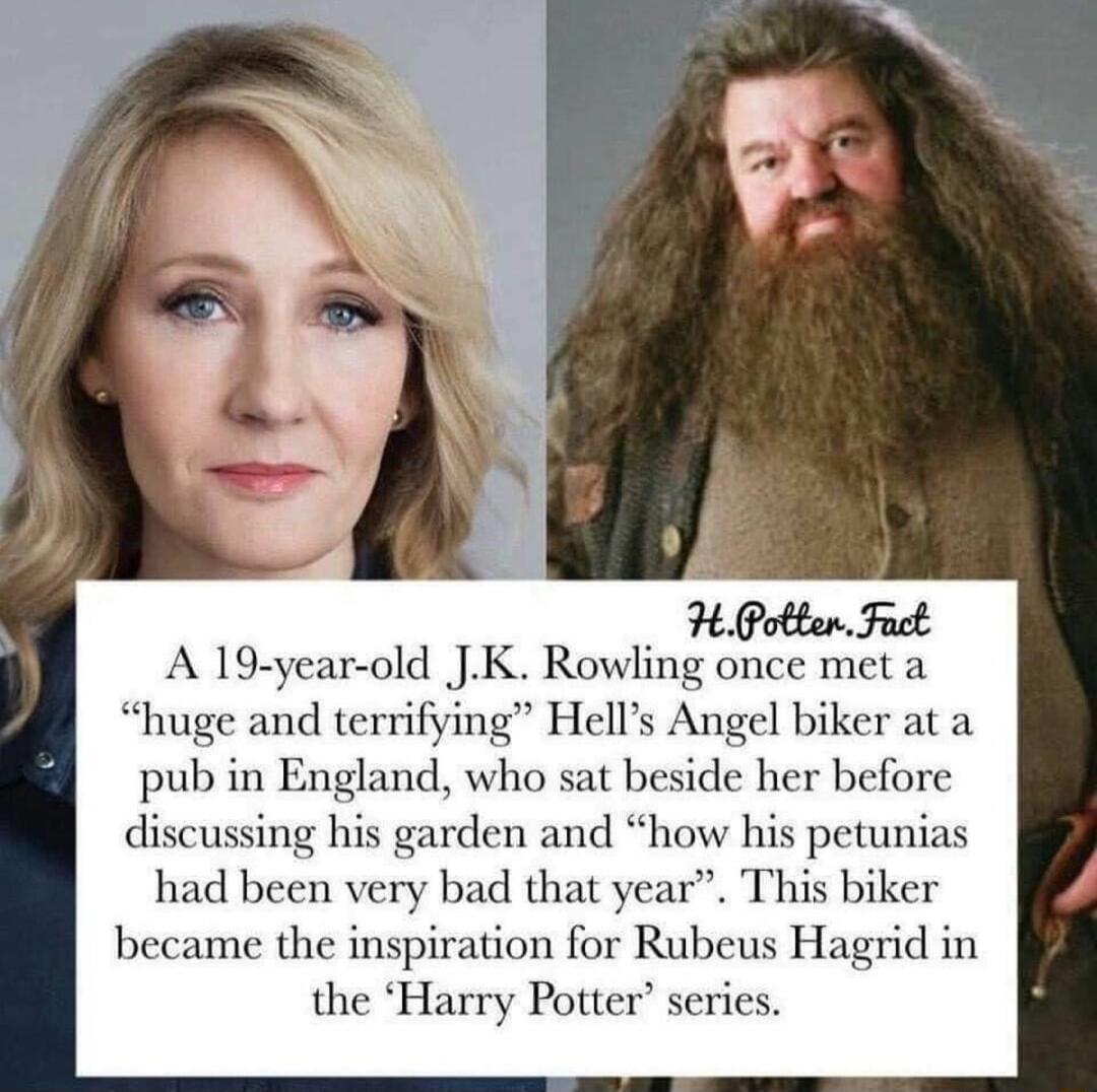 P otteon Fack A 19 year old JK Rowling once met a huge and terrifying Hells Angel biker at a pub in England who sat beside her before discussing his garden and how his petunias had been very bad that year This biker became the inspiration for Rubeus Hagrid in the Harry Potter