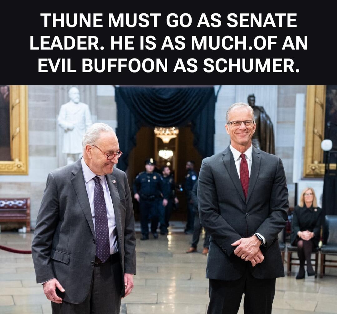 THUNE MUST GO AS SENATE LEADER. HE IS AS MUCH.OF AN EVIL BUFFOON AS SCHUMER.