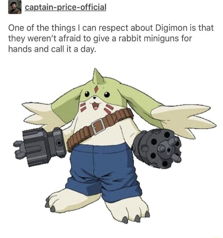 One of the things can respect about Digimon is that they werent afraid to give a rabbit miniguns for hands and call it a day rice official