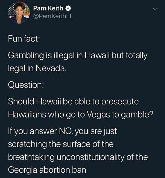 LERCHGE CLEICIGIE Fun fact Gambling is illegal in Hawaii but totally CeEINRUNCVET R QVES 3K Should Hawaii be able to prosecute REVEIETa SR aloXeloRoRYSle SR oXe apl o Io4 If you answer NO you are just scratching the surface of the breathtaking unconstitutionality of the Georgia abortion ban