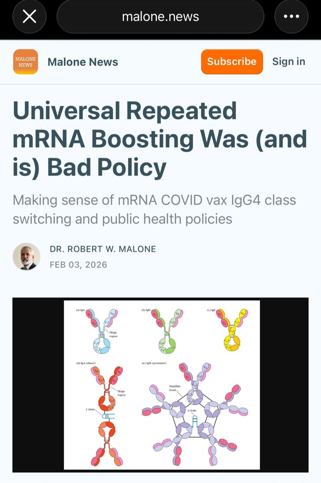 Universal Repeated mRNA Boosting Was (and is) Bad Policy
Making sense of mRNA COVID vax IgG4 class switching and public health policies

DR. ROBERT W. MALONE
FEB 03, 2026
