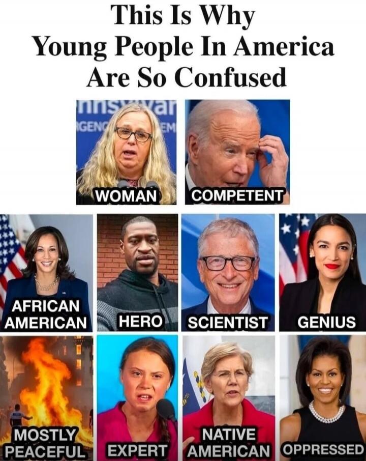This Is Why Young People In America Are So Confused WOMAN COMPETENT AFRICAN AMERICAN HERO SCIENTIST GENIUS MOSTLY PEACEFUL EXPERT NATIVE AMERICAN OPPRESSED