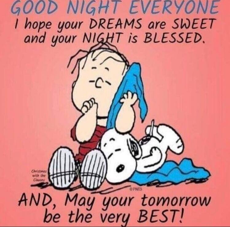 GOOD NIGHT EVERYONE
I hope your DREAMS are SWEET
and your NIGHT is BLESSED.
AND, May your tomorrow be the very BEST!