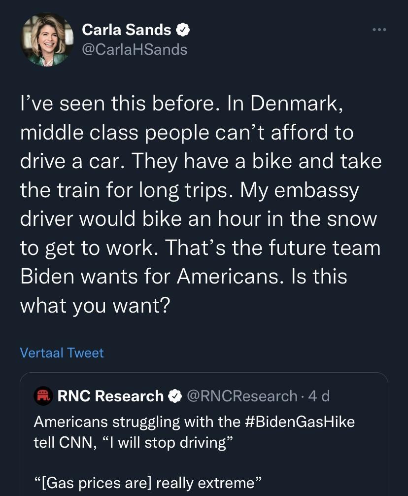 i i o1 FRETI X g OEEIERET Ive seen this before In Denmark palfelo NI T H olYo ol SReE Tal dF 1 o o M Yo o VRN TS L VA VRNl CR Tale R 1 the train for long trips My embassy driver would bike an hour in the snow to get to work Thats the future team Biden wants for Americans Is this W EIRY VR Tal s Vertaal Tweet RNC Research RNCResearch 4d Americans struggling with the BidenGasHike LG TO N R RT3 doT o