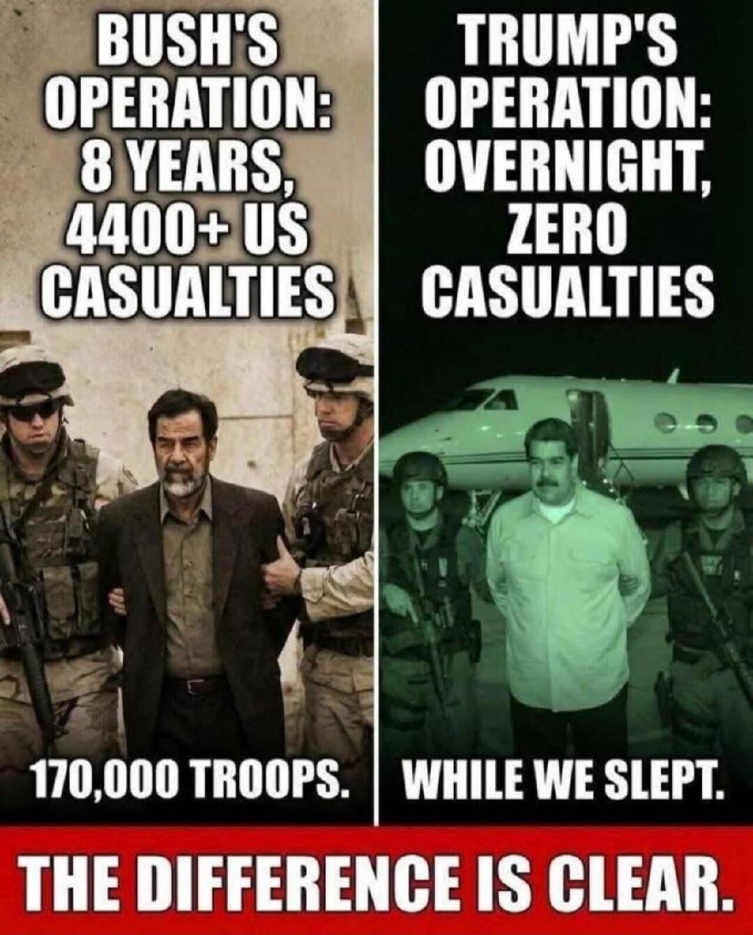 BUSH'S OPERATION: 8 YEARS, 4400+ US CASUALTIES
170,000 TROOPS.
TRUMP'S OPERATION: OVERNIGHT, ZERO CASUALTIES
WHILE WE SLEEP.
THE DIFFERENCE IS CLEAR.