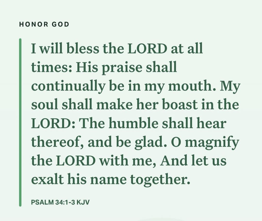 HONOR GOD
I will bless the LORD at all times: His praise shall continually be in my mouth. My soul shall make her boast in the LORD: The humble shall hear thereof, and be glad. O magnify the LORD with me, And let us exalt his name together.
PSALM 34:1-3 KJV
