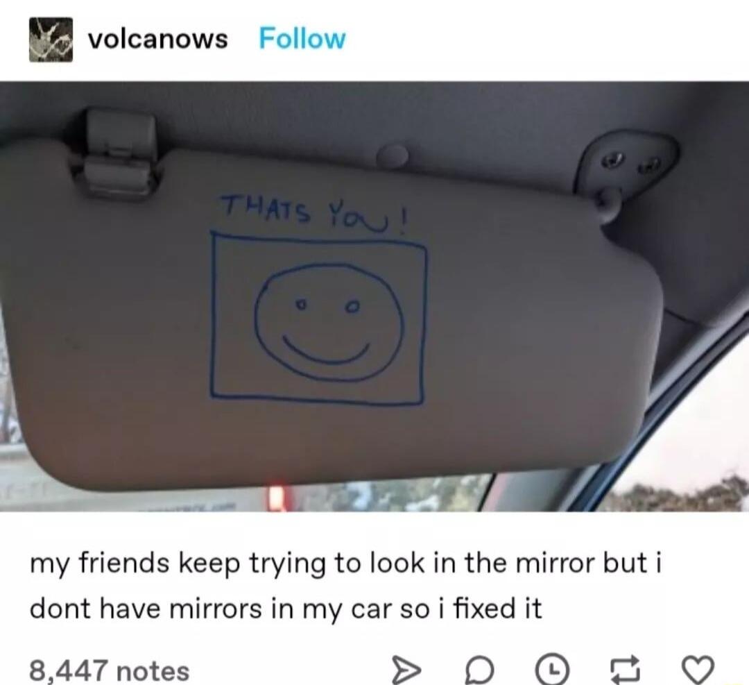 volcanows Follow my friends keep trying to look in the mirror but i dont have mirrors in my car so i fixed it 8447 notes