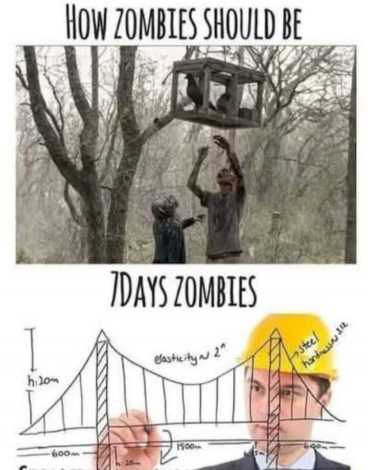 HOW ZOMBIES SHOULD BE. 7DAYS ZOMBIES. The image shows a two-panel meme. The top panel depicts two zombies reaching for a birdcage hanging from a tree branch. The bottom panel shows an engineer in a hard hat drawing a complex bridge design with various measurements and annotations like 'h:20m', 'elasticity ~ 2