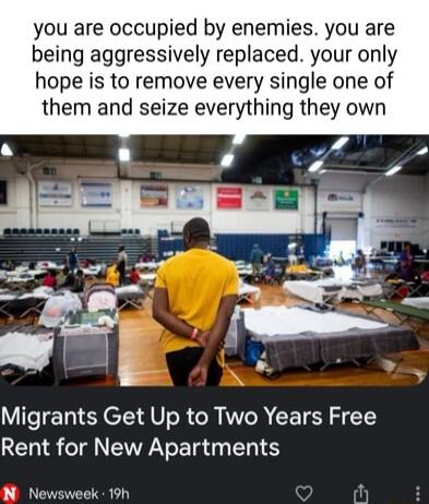 you are occupied by enemies you are being aggressively replaced your only hope is to remove every single one of them and seize everything they own Migrants Get Up to Two Years Free Rent for New Apartments N Newsweek 19h