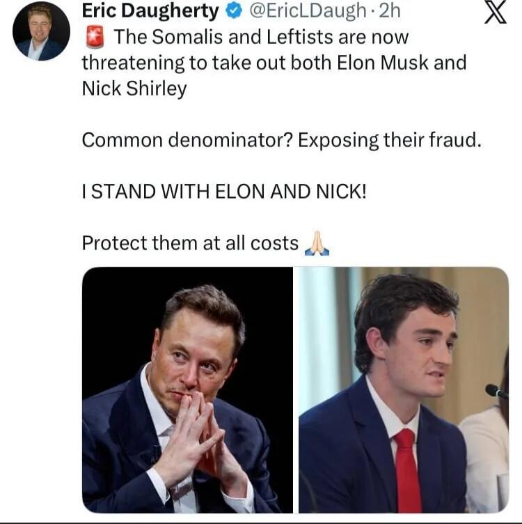 💬 The Somalis and Leftists are now threatening to take out both Elon Musk and Nick Shirley

Common denominator? Exposing their fraud.

I STAND WITH ELON AND NICK!

Protect them at all costs 🙏