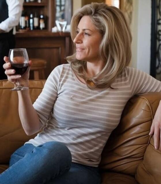 A woman is sitting on a couch holding a glass of red wine.