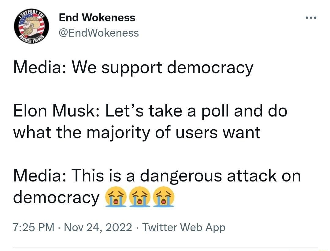 End Wokeness EndWokeness Media We support democracy Elon Musk Lets take a poll and do what the majority of users want Media This is a dangerous attack on democracy 4 4 4 725 PM Nov 24 2022 Twitter Web App