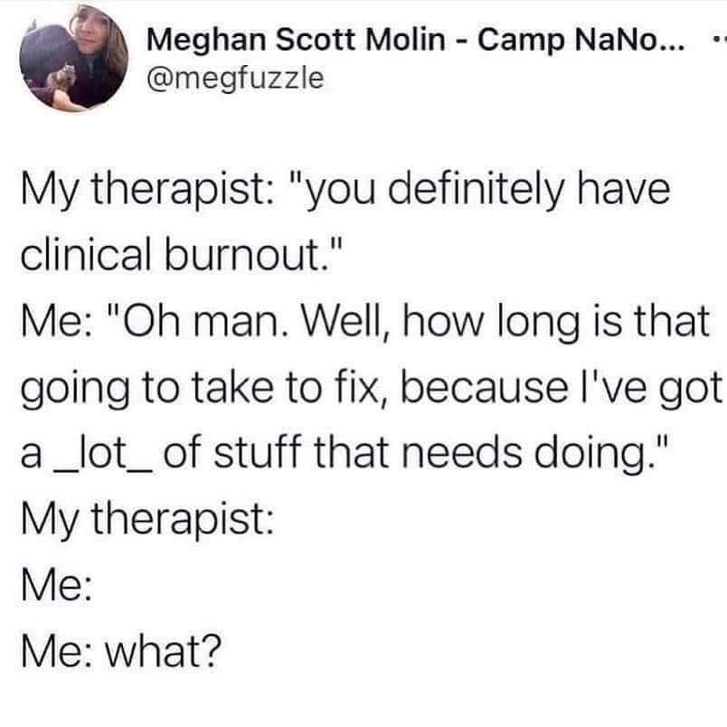 Meghan Scott Molin Camp NaNo megfuzzle My therapist you definitely have clinical burnout Me Oh man Well how long is that going to take to fix because Ive got a_lot_ of stuff that needs doing My therapist Me Me what