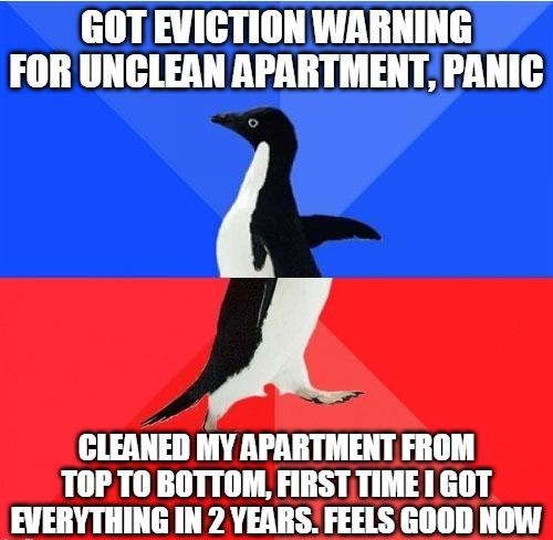 GOT EVICTION WARNING FOR UNCLEAN APARTMENT PANIC A CLEANED MY APARTMENT FROM TOP 10 BOTTOM FIRST TIME GOT EVERYTHING IN 2 YEARS FEELS GOOD NOW