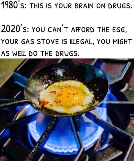 1980s THIS IS YOUR BRAIN ON DRUGS 2020s YOU CANT AFFORD THE EGG YOUR GAS STOVE IS ILEGAL YOU MIGHT AS WELL DO THE DRUGS 7