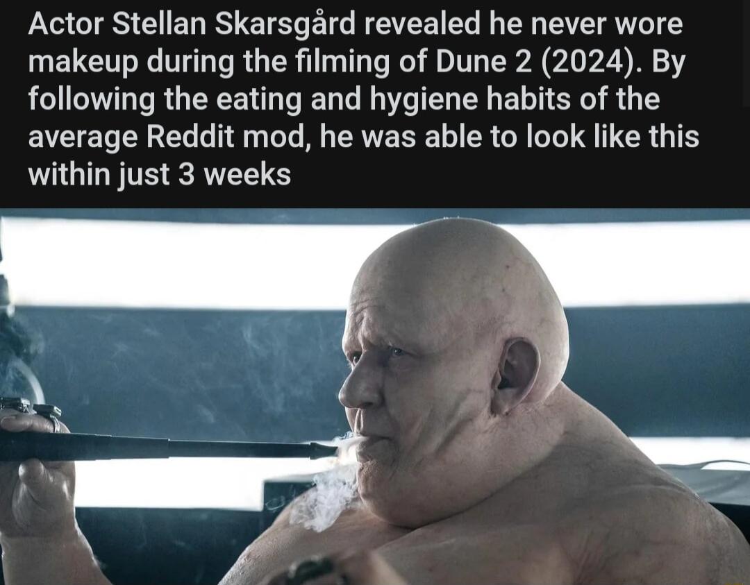 Actor Stellan Skarsgard revealed he never wore makeup during the filming of Dune 2 2024 By following the eating and hygiene habits of the average Reddit mod he was able to look like this within just 3 weeks