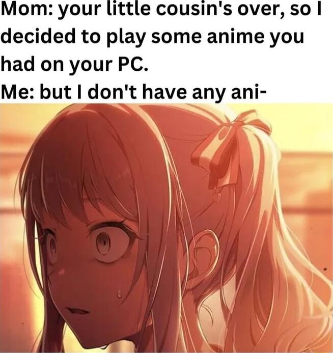 Mom your little cousins over so decided to play some anime you had on your PC Me but dont have any ani