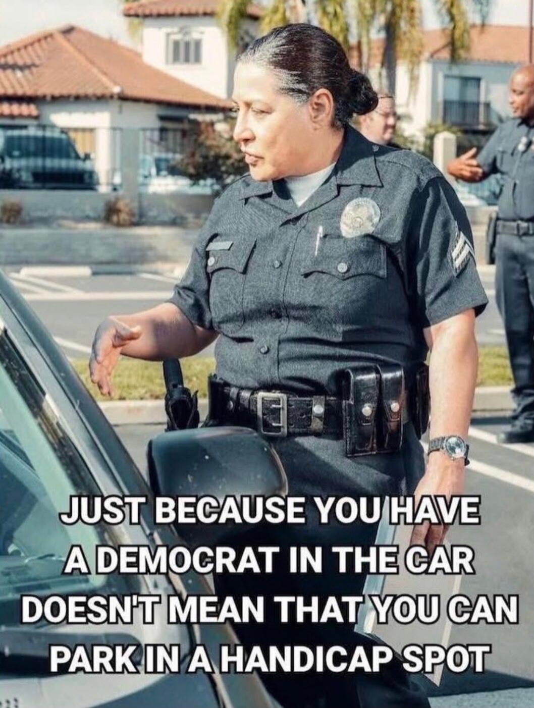 JUST BECAUSE YOU HAVE A DEMOCRAT IN THE CAR DOESN'T MEAN THAT YOU CAN PARK IN A HANDICAP SPOT