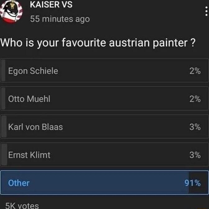 KAISER VS 55 minutes ago Who is your favourite austrian painter Egon Schiele 2 Otto Muehl 2 LEURTLEEES 3 Ernst Klimt 3 R 5K votes