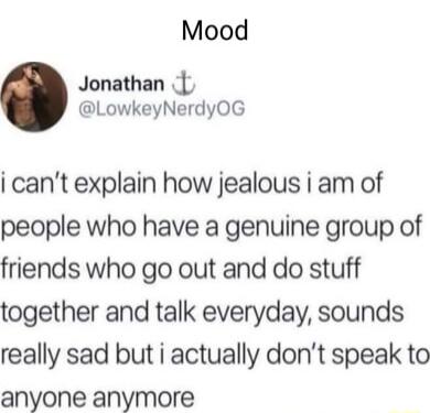 Mood Jonathan LowkeyNerdyOG cant explain how jealous i am of people who have a genuine group of friends who go out and do stuff together and talk everyday sounds really sad but i actually dont speak to anyone anymore