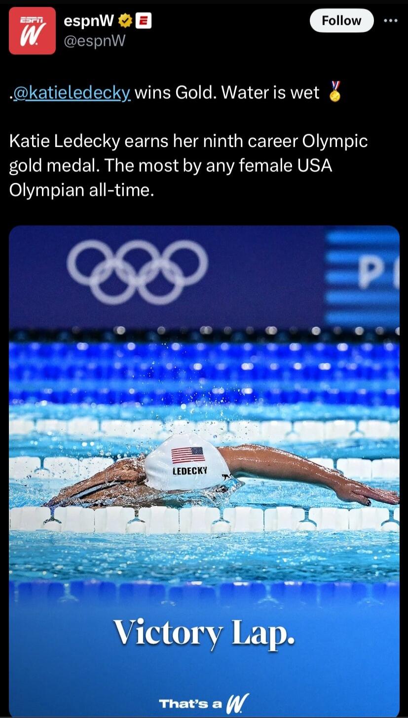 espnW Boee RELENEE S AV eTolls RIWE IR Katie Ledecky earns her ninth career Olympic gold medal The most by any female USA ol IEDIE NN AUTU T A 1 8 Thatsa