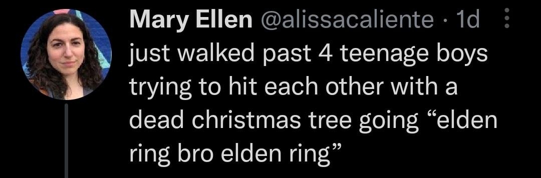 Mary Ellen alissacaliente 1d just walked past 4 teenage boys trying to hit each other with a dead christmas tree going elden ring bro elden ring Qass2 112k Q155K o