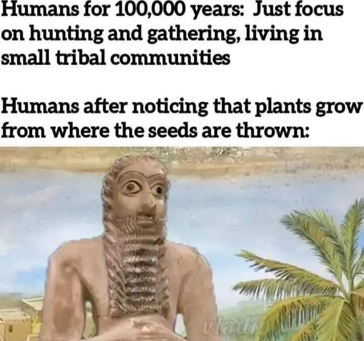 Humans for 100000 years Just focus on hunting and gathering living in small tribal communities Humans after noticing that plants grow from where the seeds are thrown Fors