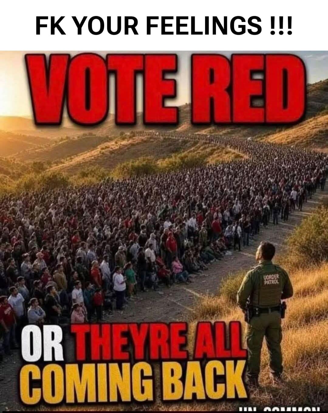 FK YOUR FEELINGS !!! VOTE RED OR THEY'RE ALL COMING BACK. A border patrol agent is observing a large group of people.