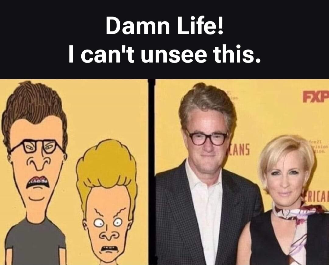 Damn Life! I can't unsee this. A meme comparing the animated characters Beavis and Butt-Head to a real-life couple due to their striking resemblance.