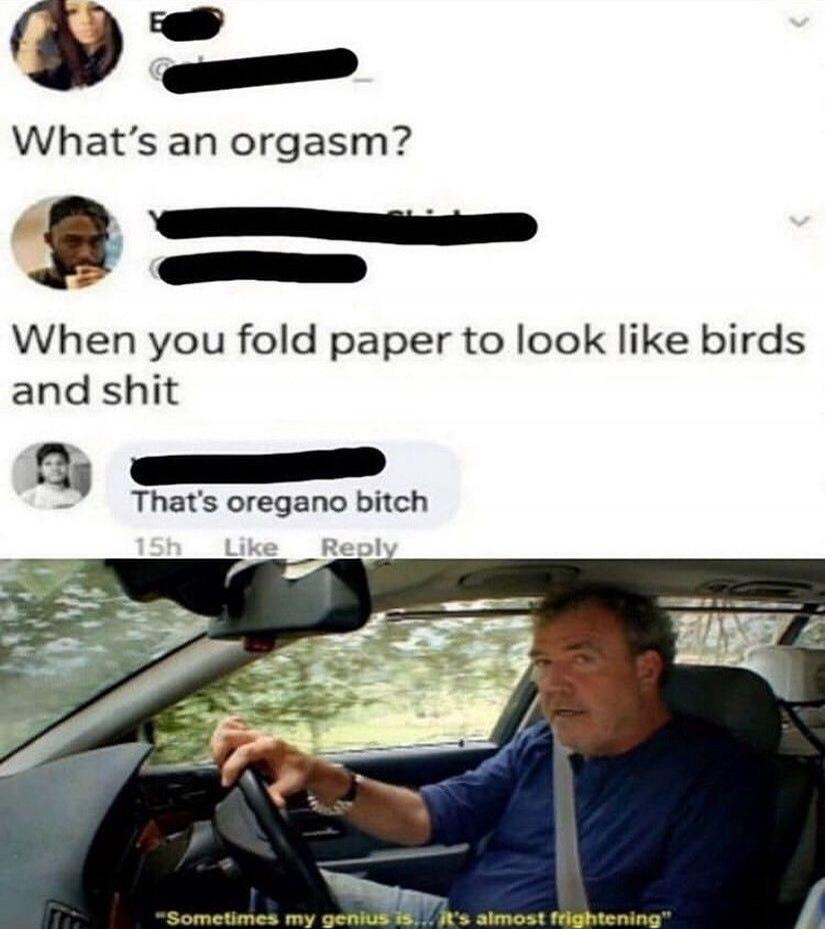 What’s an orgasm?
When you fold paper to look like birds and shit
That's oregano bitch