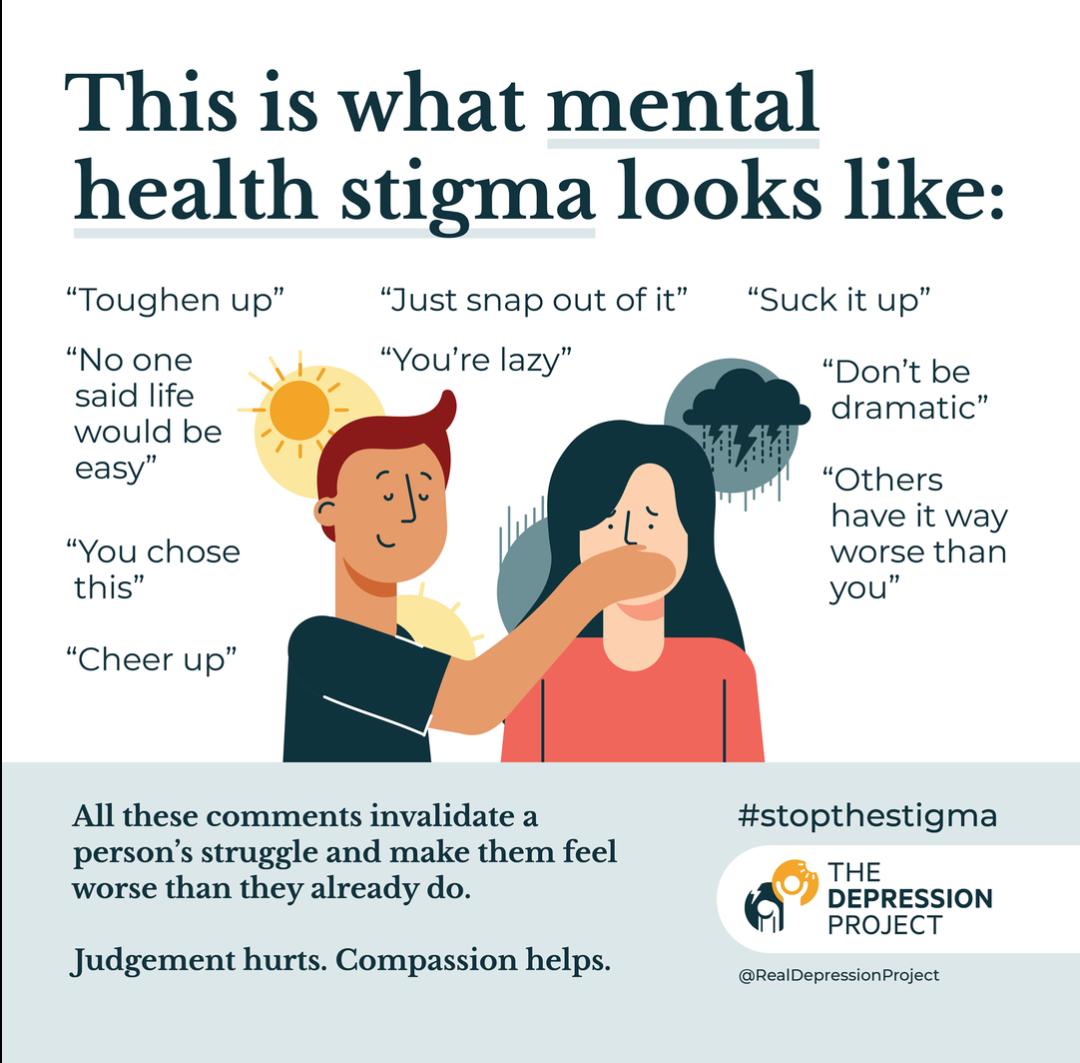 This 1s what mental health stigma looks like Toughen up Just snap out of it Suck it up No one Youre lazy Dont be said life dramatic would be easy Others have it way You chose worse than this you Cheer up All these comments invalidate a stopthestigma persons struggle and make them feel worse than they already do DEPRESSION il PROJECT Judgement hurts Compassion helps RealDepressionProject