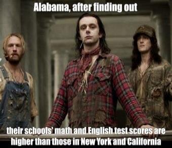 Alabama, after finding out their schools' math and English test scores are higher than those in New York and California