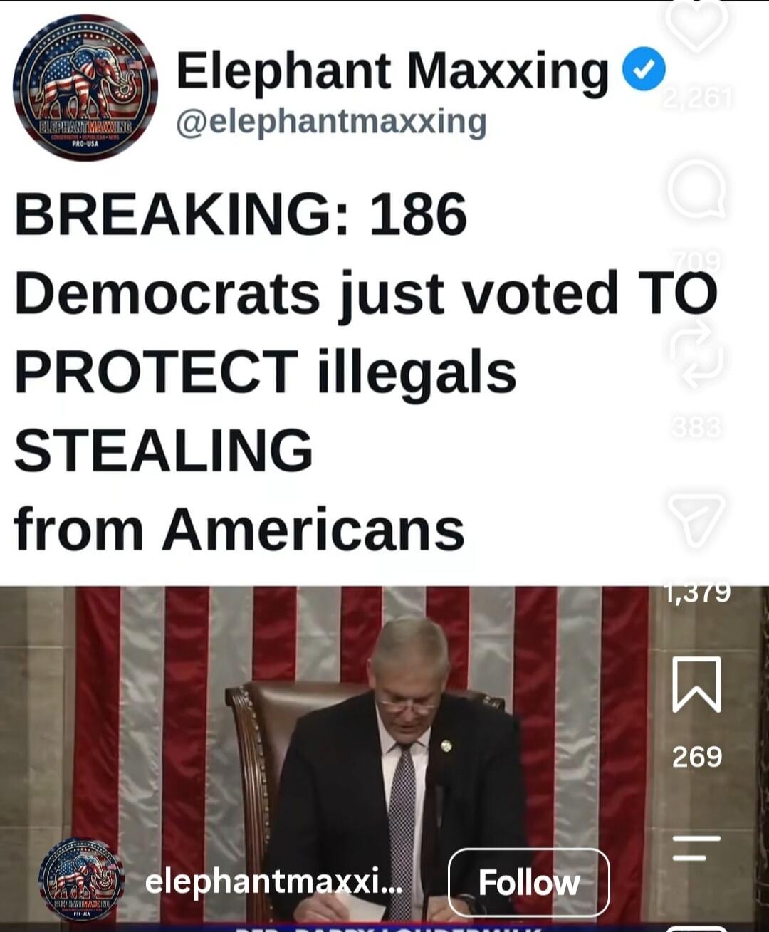 BREAKING: 186 Democrats just voted TO PROTECT illegals STEALING from Americans. Elephant Maxxing @elephantmaxxing. REP. BARRY LOUDERMILK.
