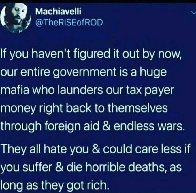 If you haven't figured it out by now, our entire government is a huge mafia who launders our tax payer money right back to themselves through foreign aid & endless wars. They all hate you & could care less if you suffer & die horrible deaths, as long as they got rich.