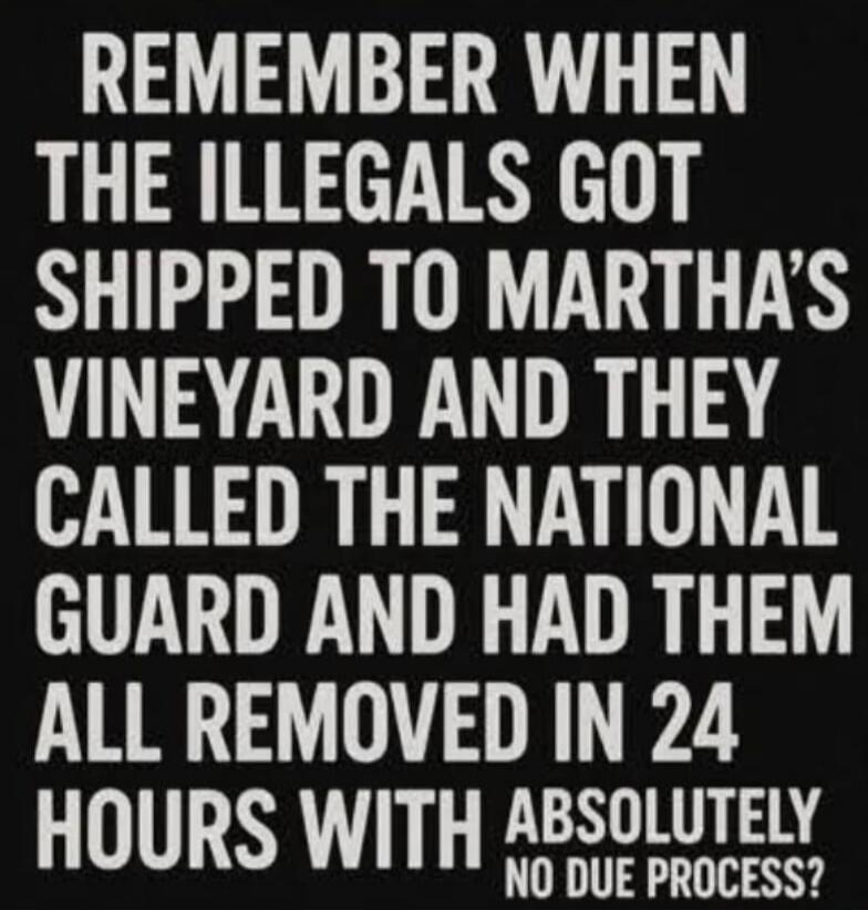 REMEMBER WHEN THE ILLEGALS GOT SHIPPED TO MARTHA'S VINEYARD AND THEY CALLED THE NATIONAL GUARD AND HAD THEM ALL REMOVED IN 24 HOURS WITH ABSOLUTELY NO DUE PROCESS?