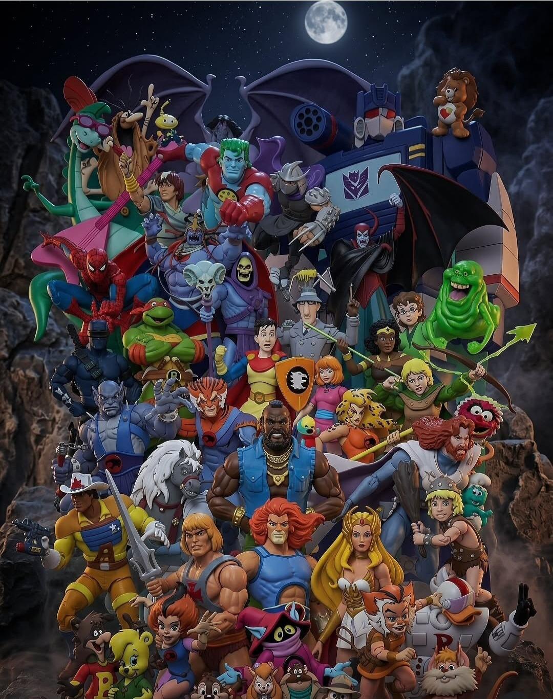 A large collection of action figures from various classic 80s and 90s cartoons and franchises, including He-Man, She-Ra, Thundercats, Spider-Man, Teenage Mutant Ninja Turtles, Skeletor, Soundwave (Decepticon), Captain Planet, Inspector Gadget, Slimer, a Care Bear, Gummi Bears, Chip 'n Dale Rescue Rangers, Darkwing Duck, Cobra Commander, Mr. T, and 