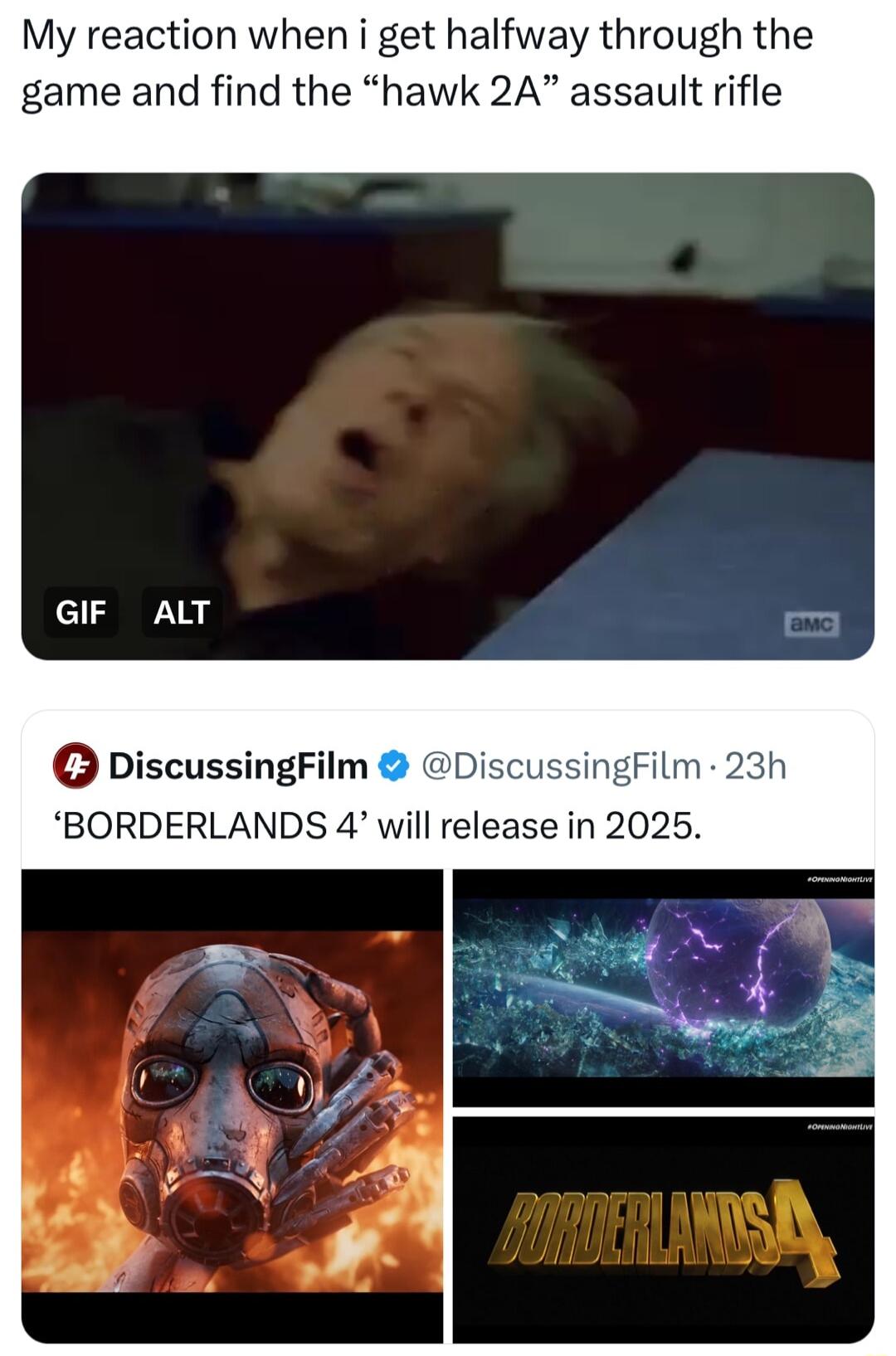 My reaction when i get halfway through the game and find the hawk 2A assault rifle DiscussingFilm ilm BORDERLANDS 4 will release in 2025