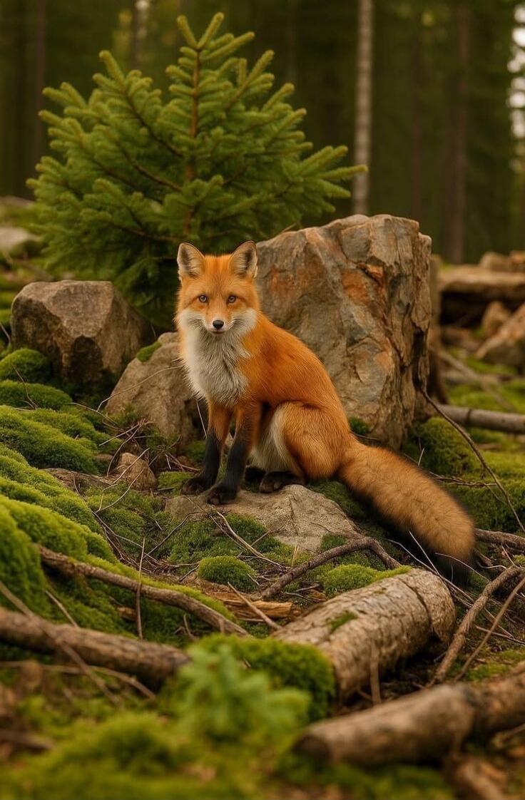 A red fox sitting on a rock in a forest, surrounded by moss and fallen logs.