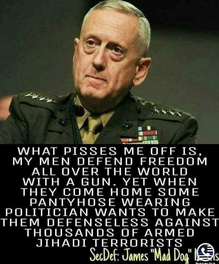 WHAT PISSES ME OFF IS, MY MEN DEFEND FREEDOM ALL OVER THE WORLD WITH A GUN. YET WHEN THEY COME HOME SOME PANTYHOSE WEARING POLITICIAN WANTS TO MAKE THEM DEFENSELESS AGAINST THOUSANDS OF ARMED JIHADI TERRORISTS SecDef: James 